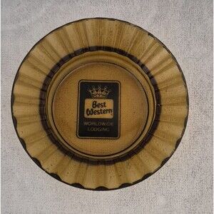 Vintage Amber Glass Best Western Ashtray with Flanged Pie Crust Rim - black logo